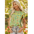 Green Floral Print Scalloped Ruffle S/S