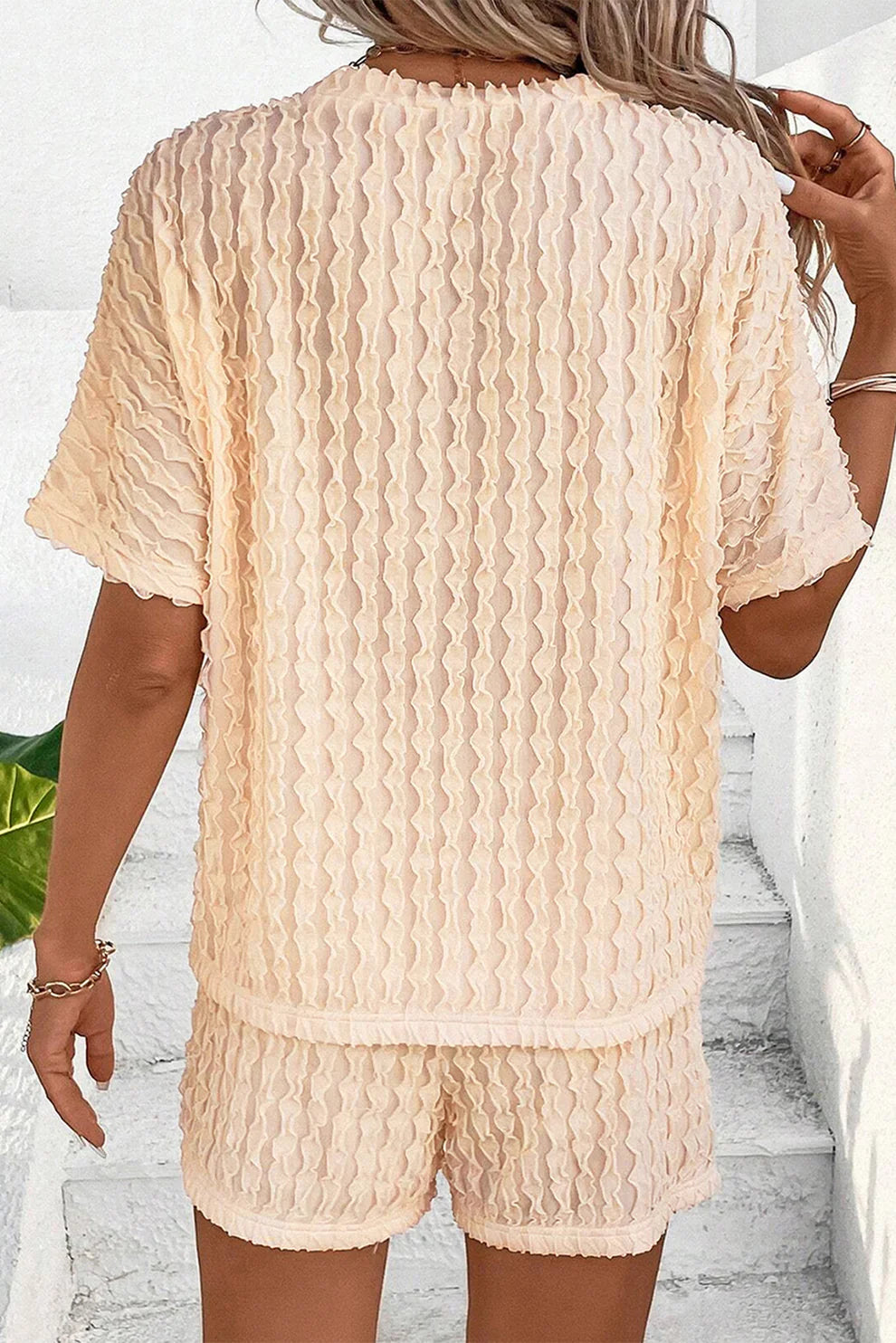 Beige Textured S/S Top and Drawstring Short