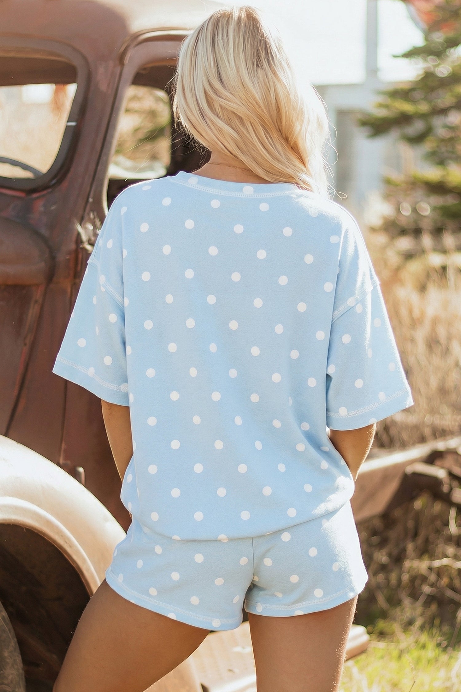 Polka Dot Loose Tee Drawstring Shorts Set - Blue