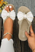 Stitched Bow Straw Woven Flip Flops - White