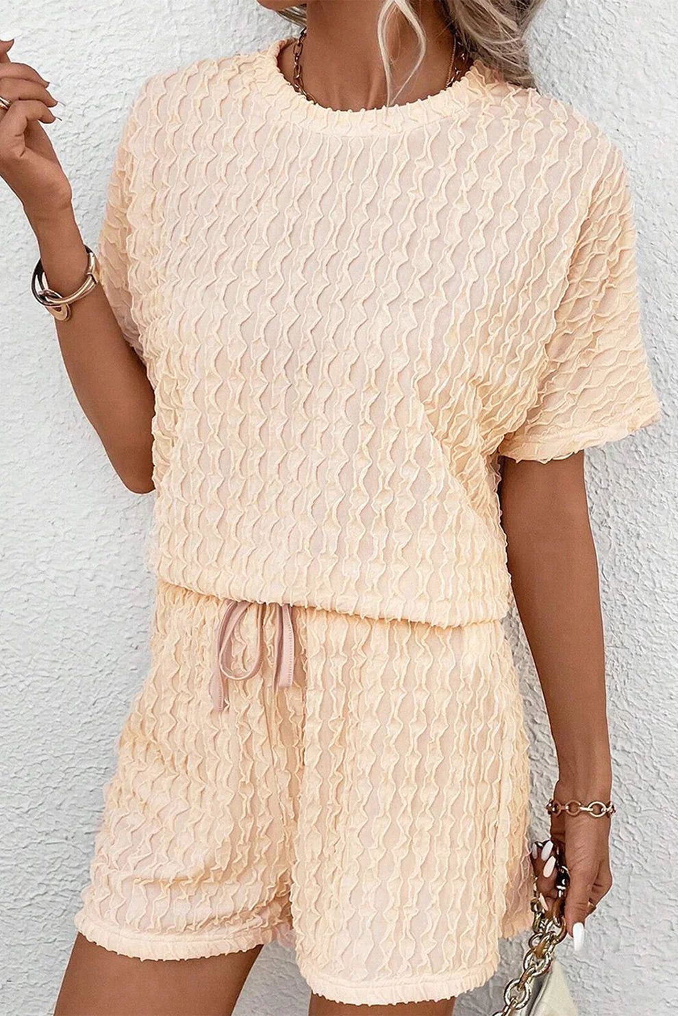 Beige Textured S/S Top and Drawstring Short