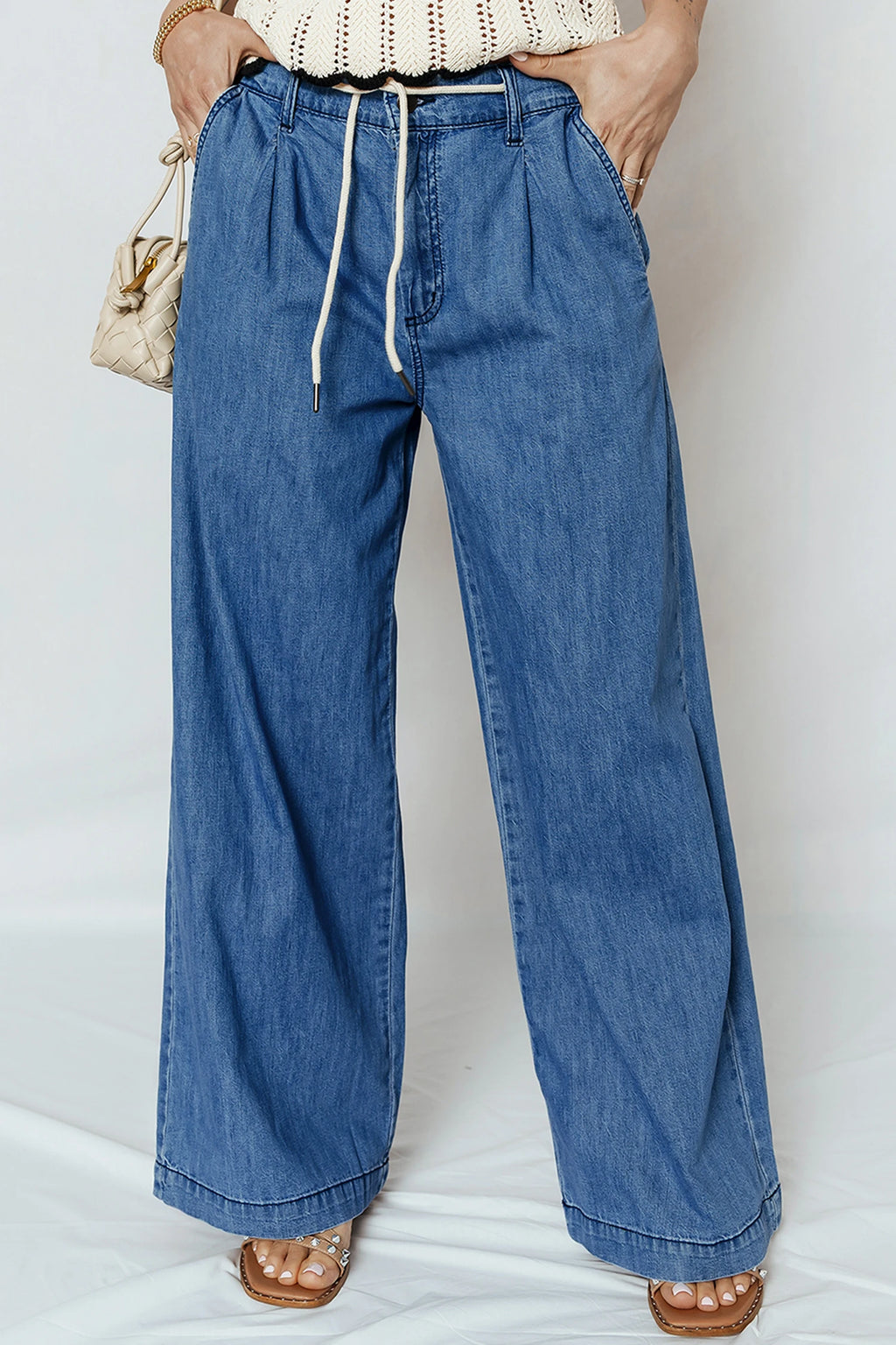 Dusk Blue Lace-Up Pull on Wide Leg Jeans