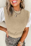 Beige Round Neck Knit Contrast S/S Sweater