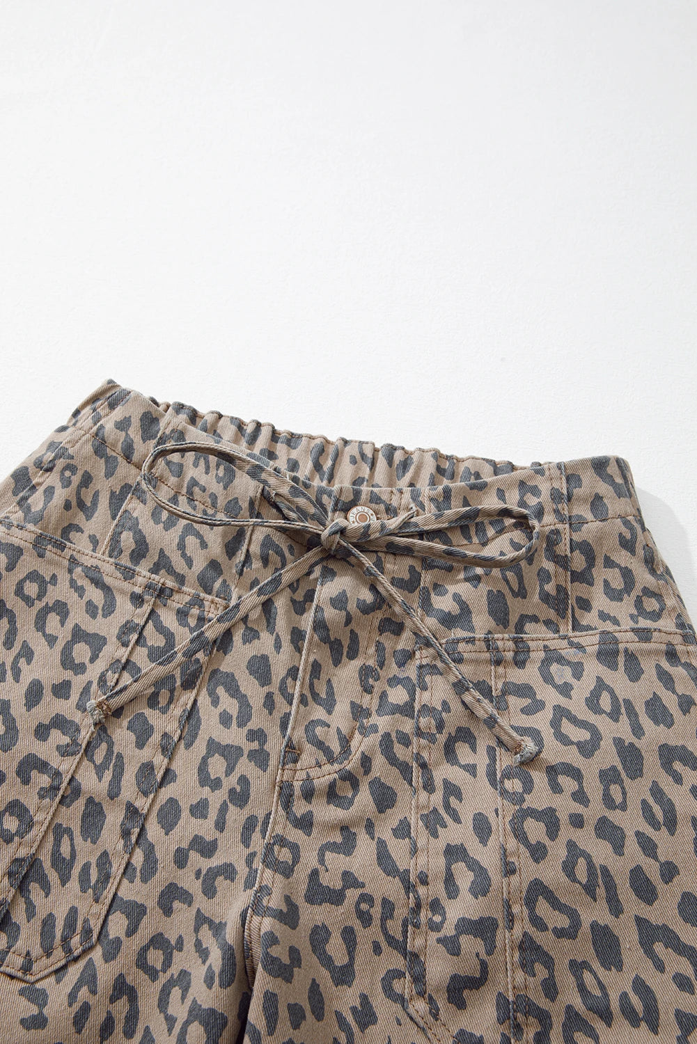 Khaki Leopard Drawstring Pocketed Barrel Jeans