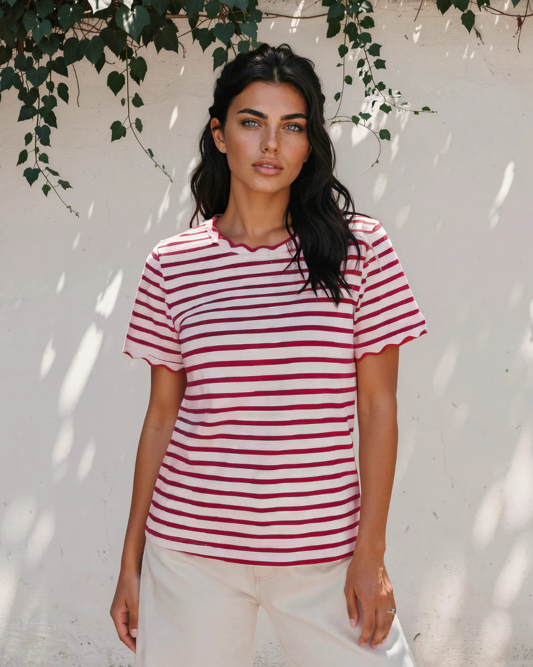 Stripe Scalloped Trim Round Neck T-Shirt