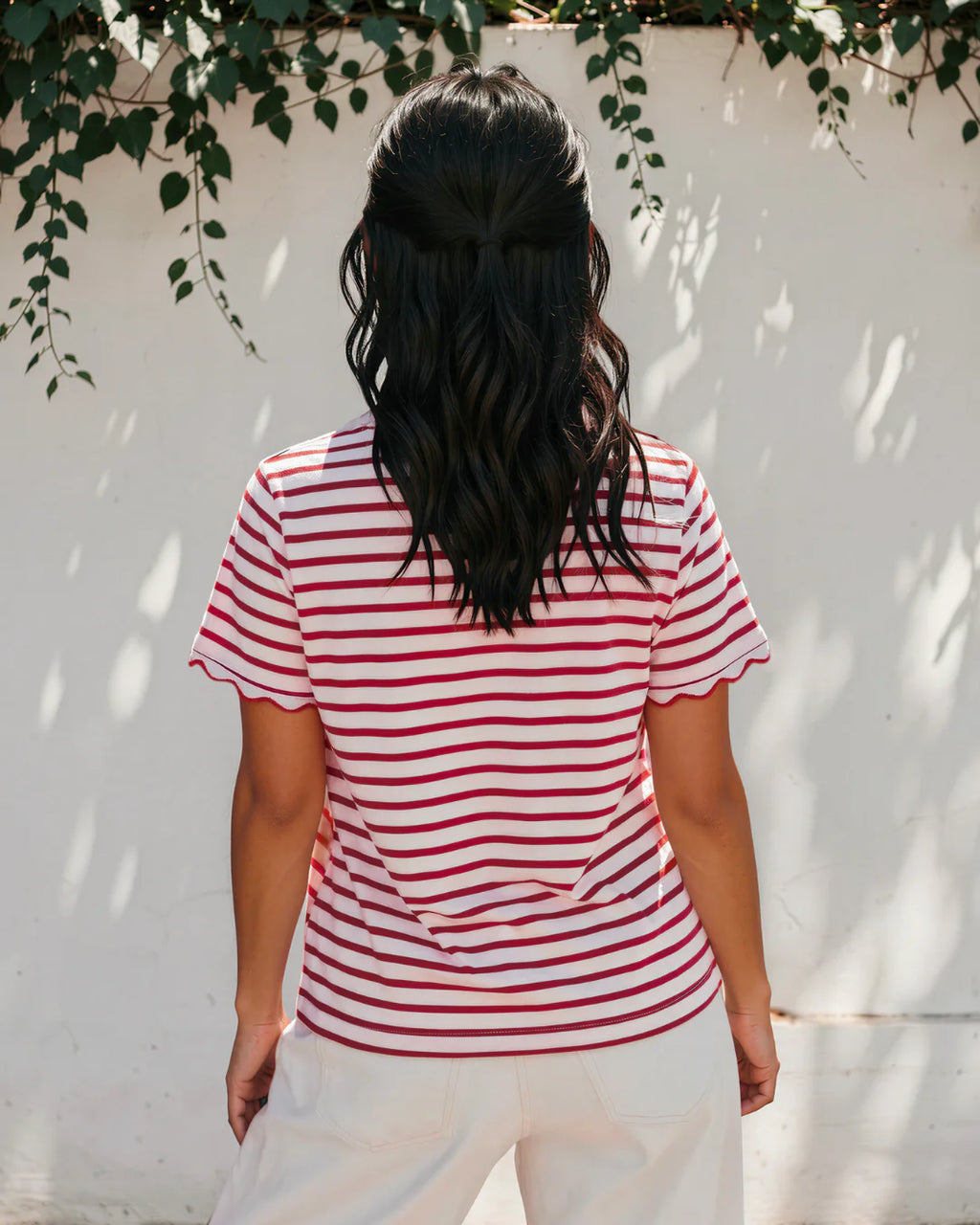 Stripe Scalloped Trim Round Neck T-Shirt