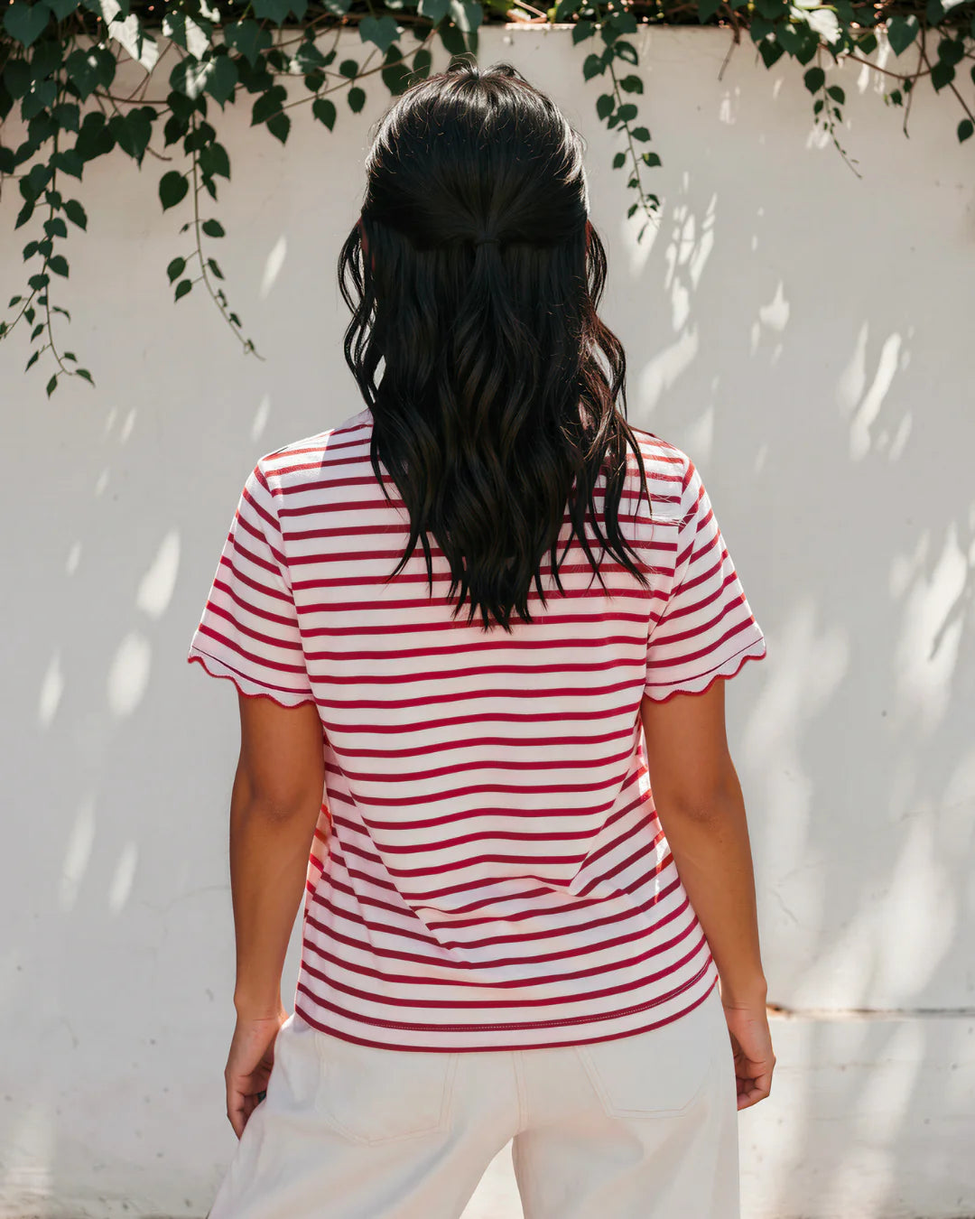 Stripe Scalloped Trim Round Neck T-Shirt