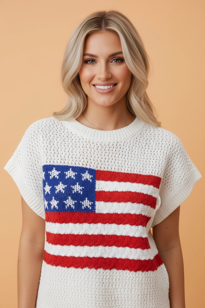 American Flag Knit Cap Sleeve Top