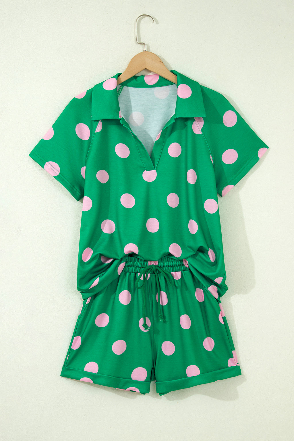 Polka Dot Print V-Neck Tee Short Set - Green
