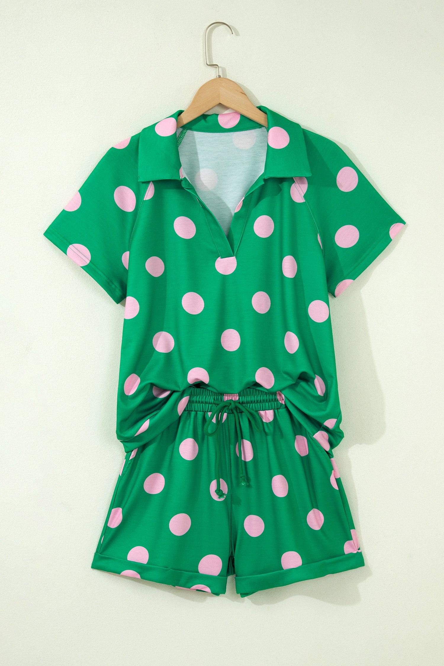 Polka Dot Print V-Neck Tee Short Set - Green
