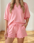 Scalloped V Neck Oversize Top Short Set - Pink