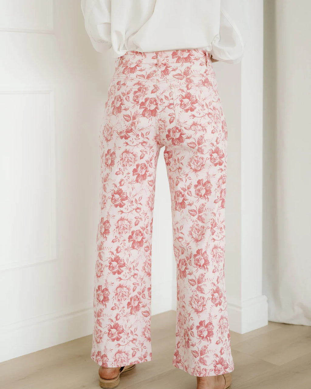 Pink Vintage Floral Print Denim Shift Pants