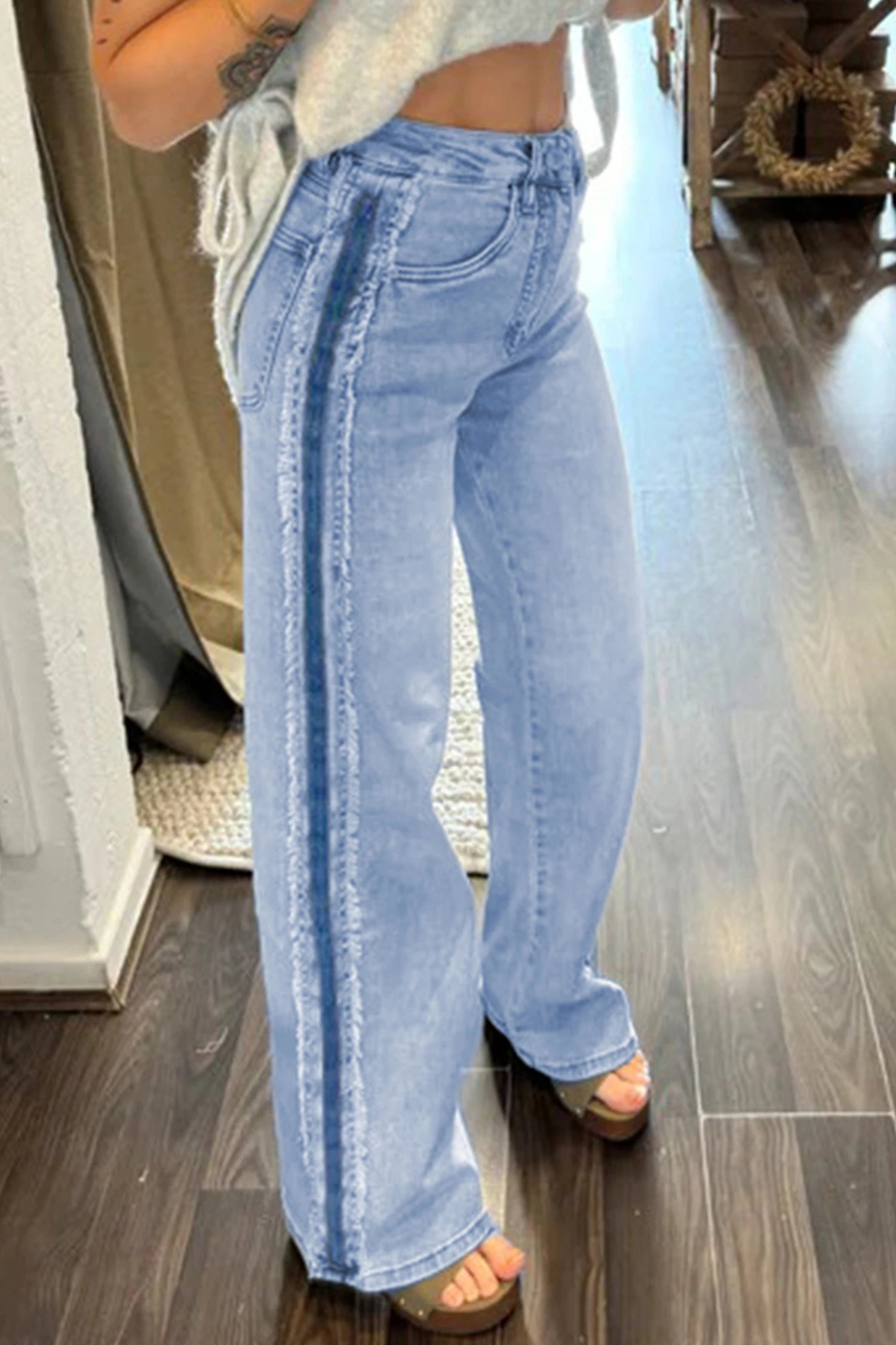 Beau Blue Frayed Side Panel Patchwork Jeans