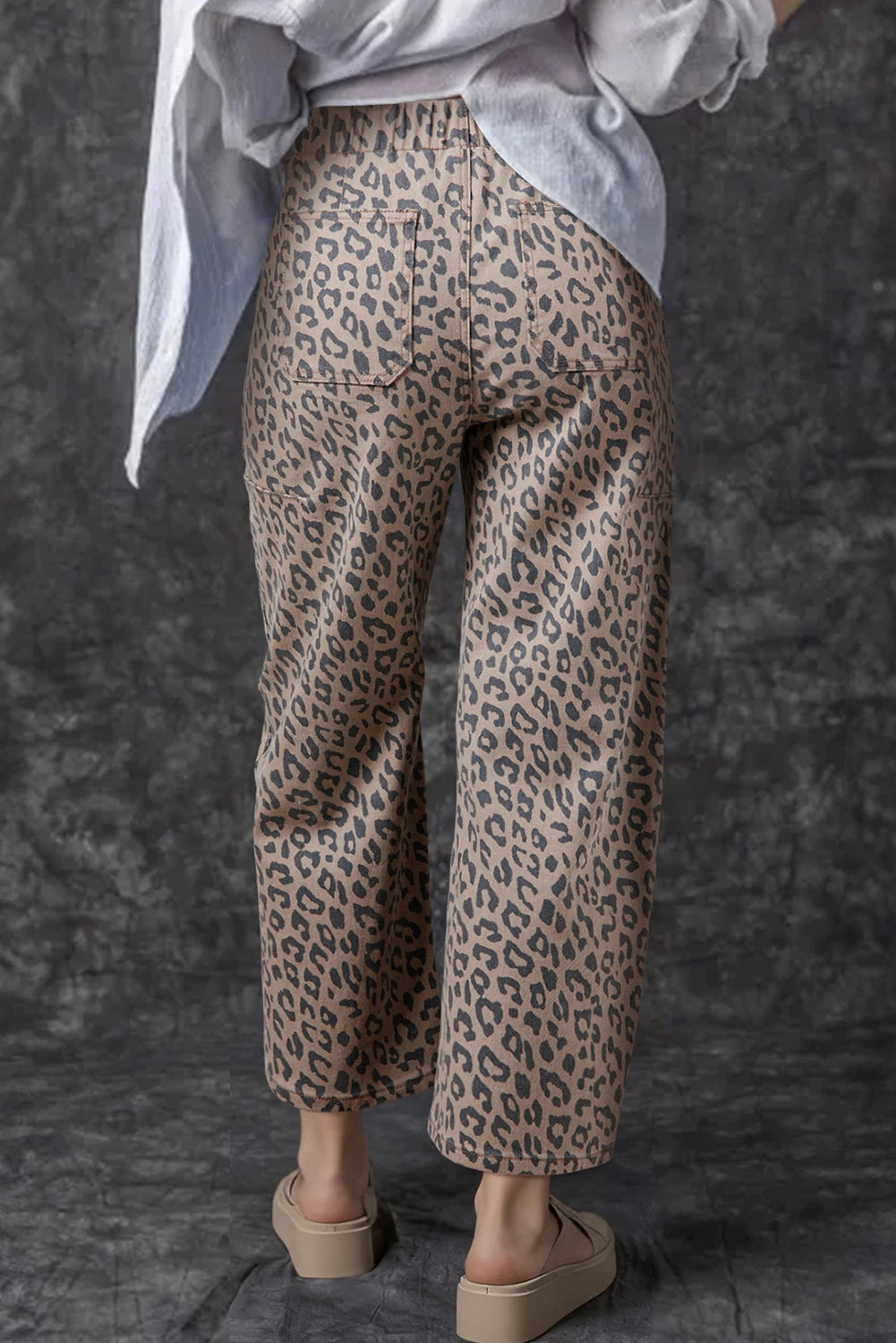 Khaki Leopard Drawstring Pocketed Barrel Jeans