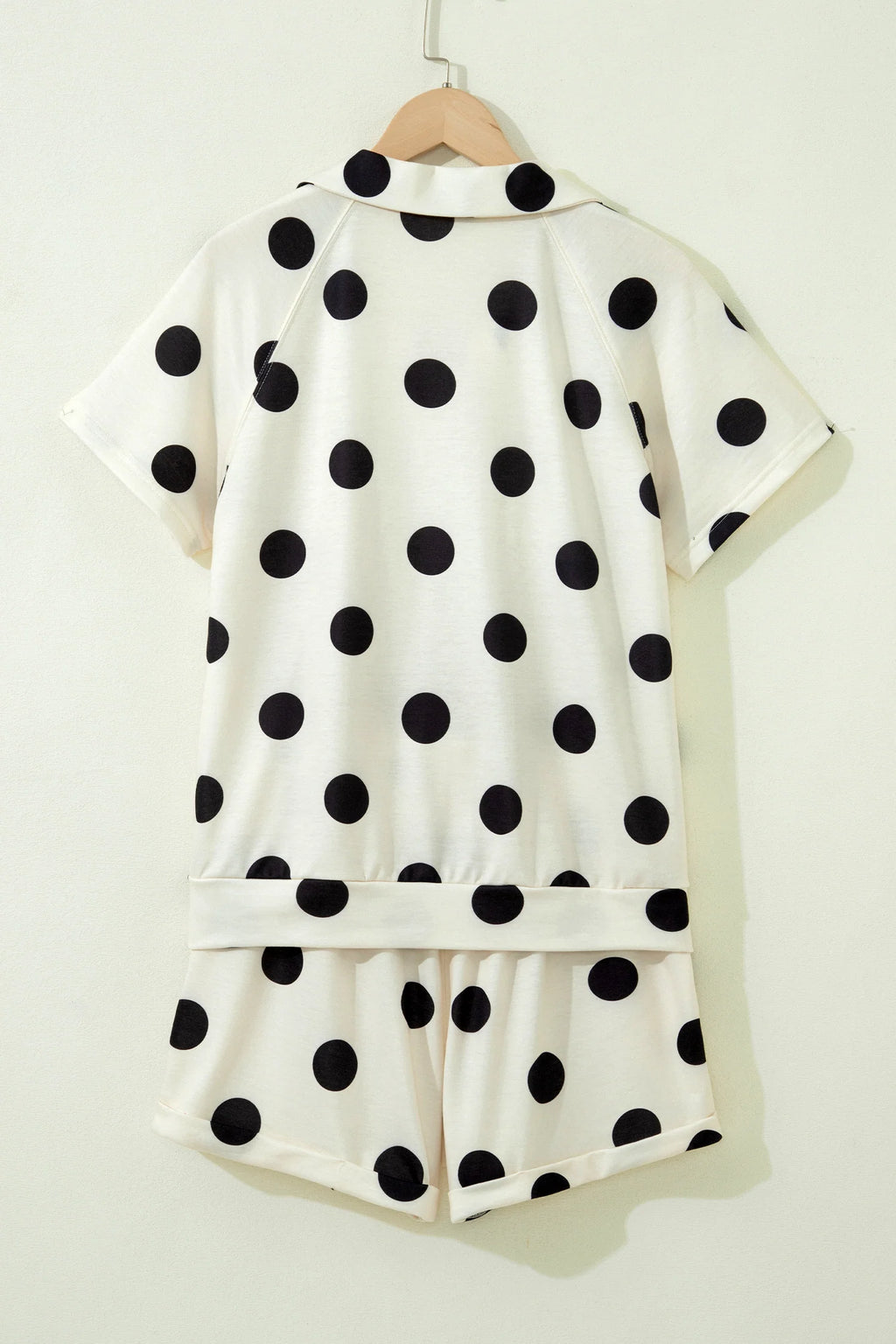 Polka Dot Print V-Neck Tee Short Set - Beige