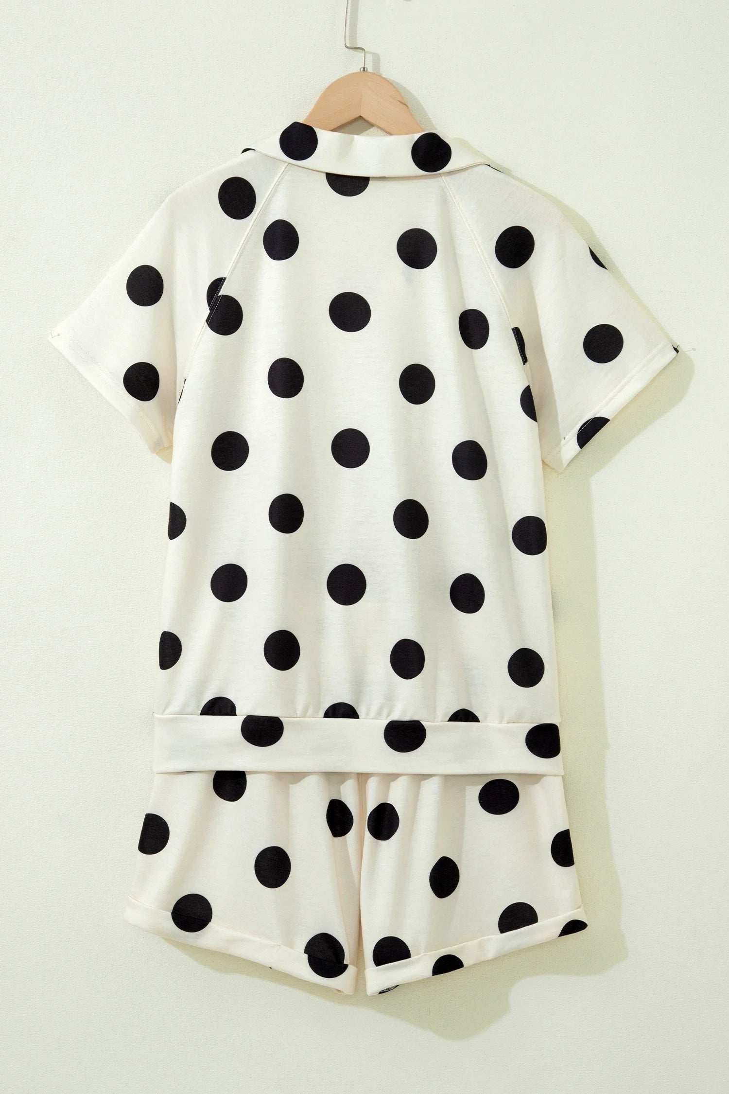 Polka Dot Print V-Neck Tee Short Set - Beige