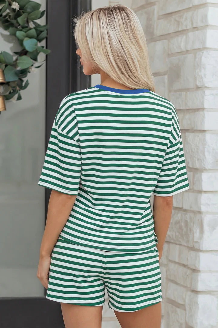 2pcs Drop Shoulder Green Stripe Short Set