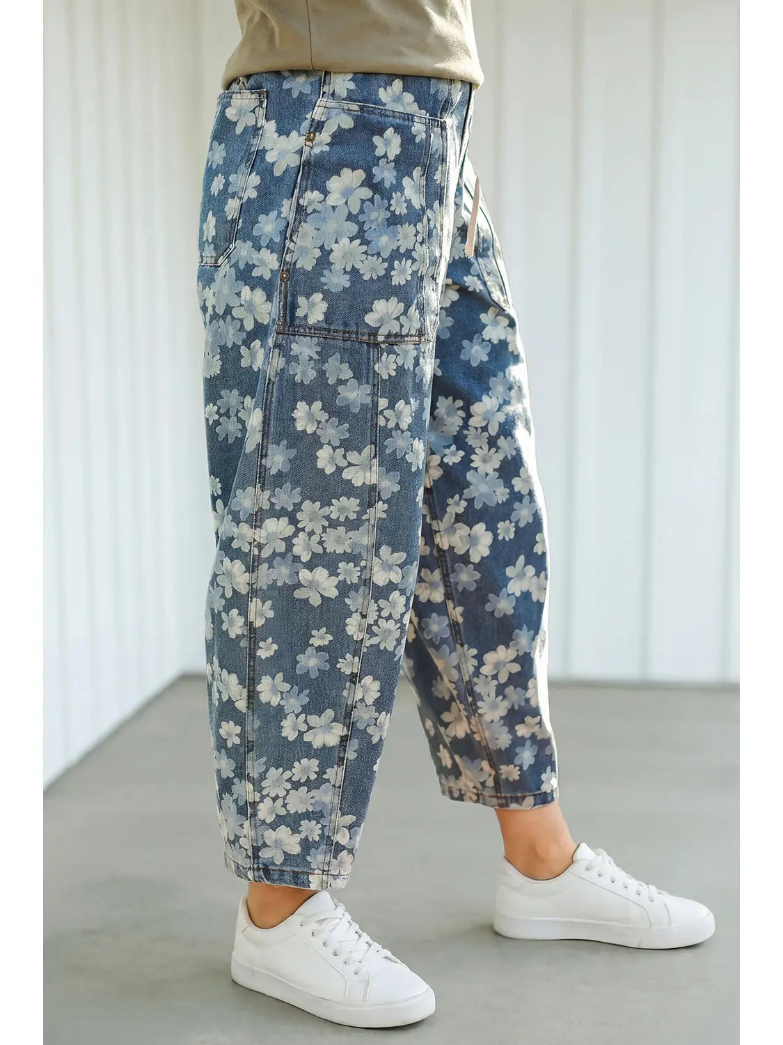 Dainty Floral Print Drawstring Barrel Jeans