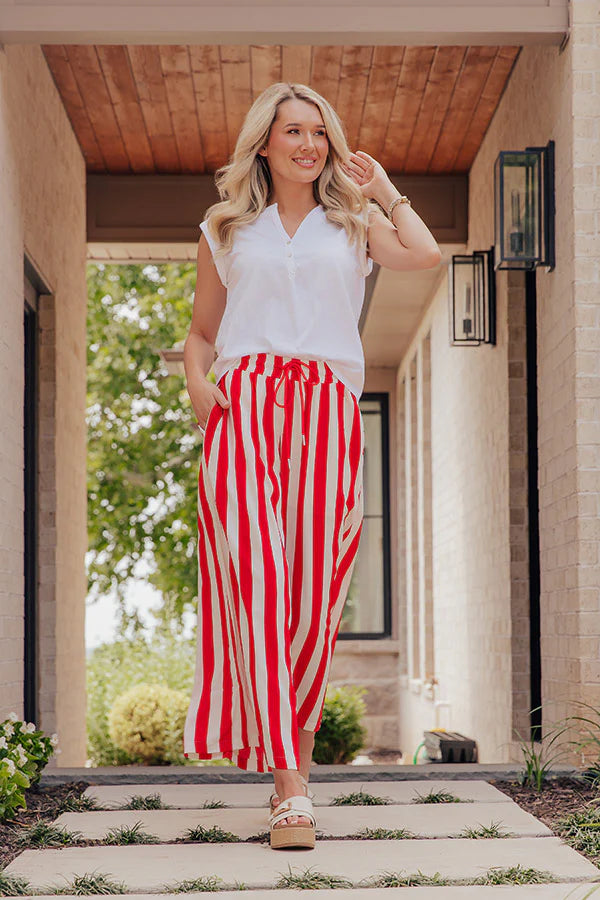 Striped Wide Leg Casual Pants - Red