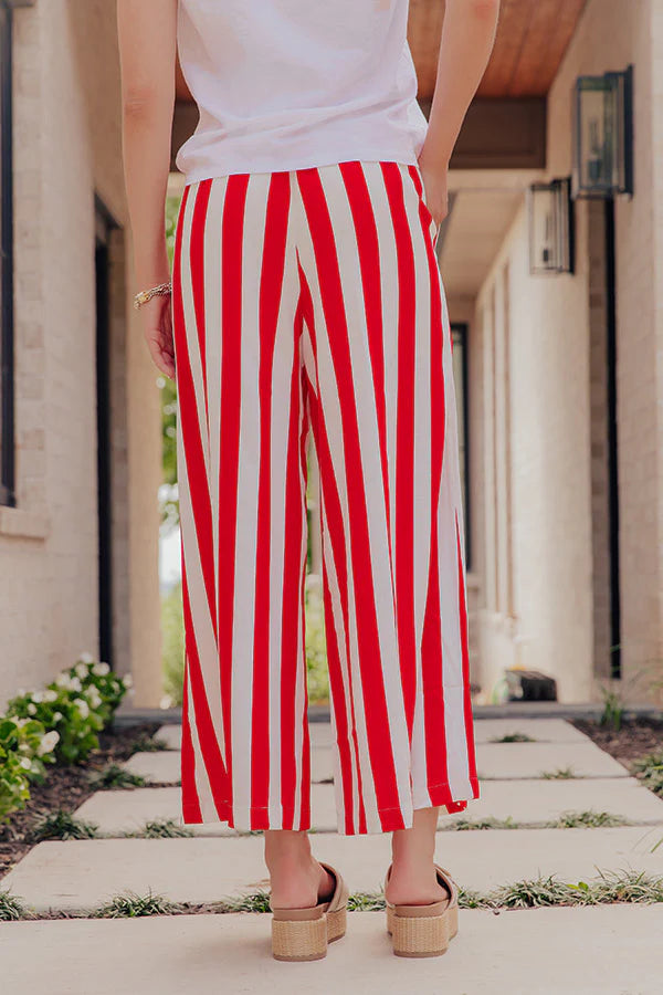 Striped Wide Leg Casual Pants - Red