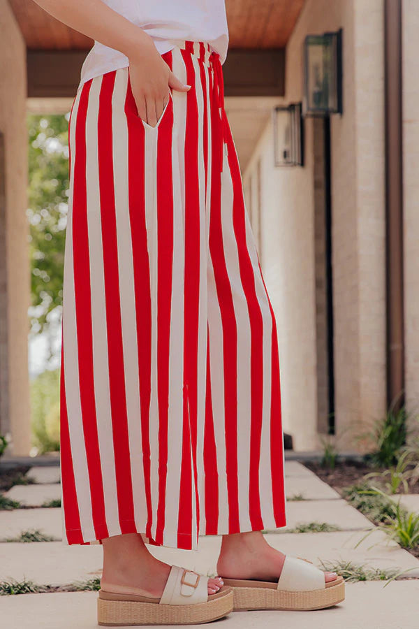 Striped Wide Leg Casual Pants - Red