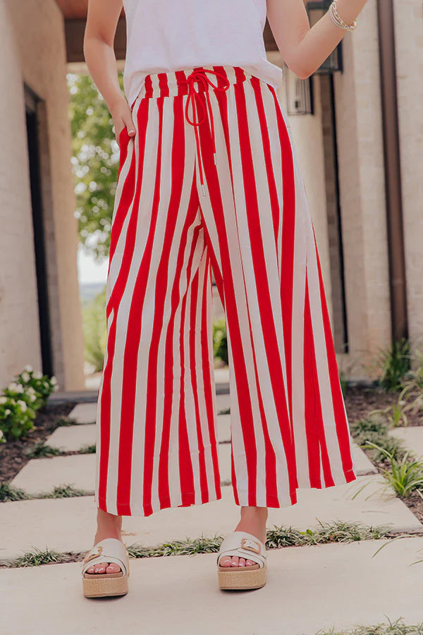 Striped Wide Leg Casual Pants - Red