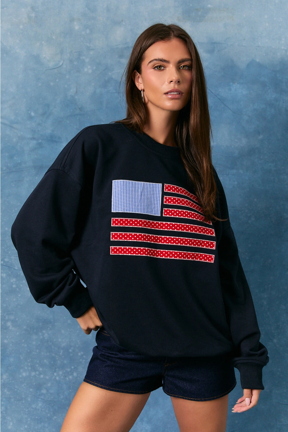 USA Flag Long Sleeve Crew Neck Oversized Sweatshirt