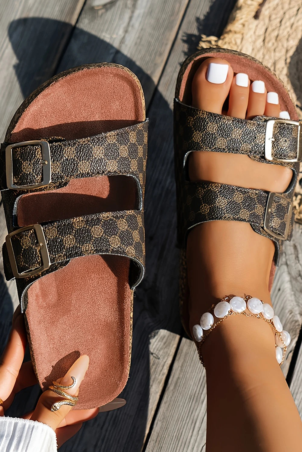 Coffee Geometric Print Buckle Leather Slippers