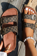 Coffee Geometric Print Buckle Leather Slippers
