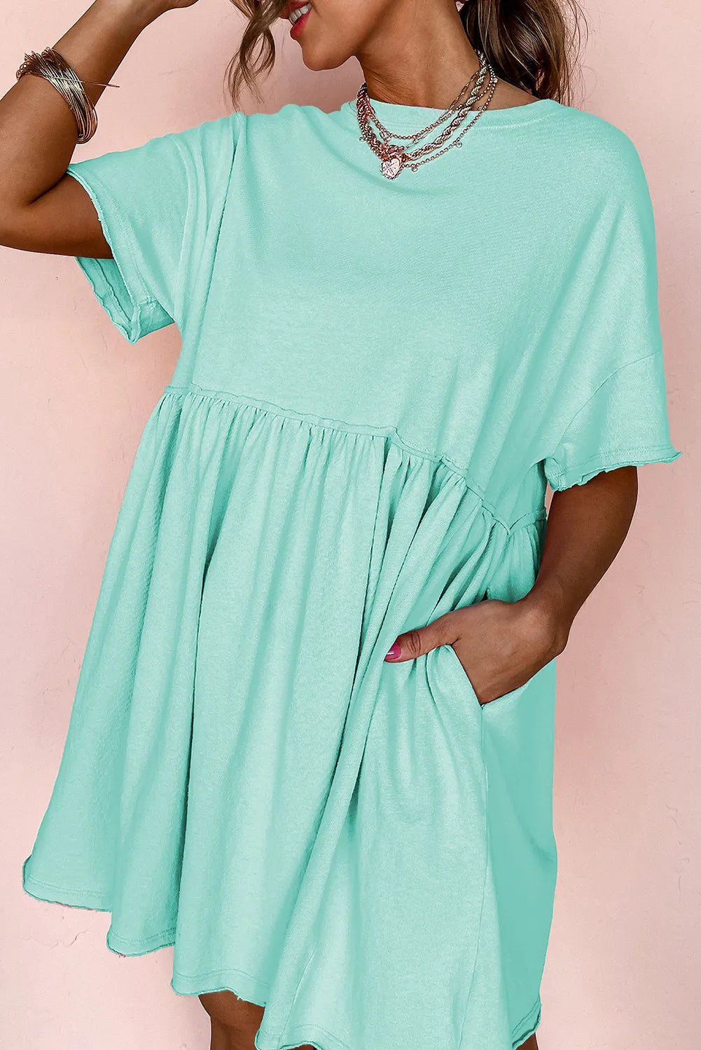 Pocketed Raw Edge Babydoll Dress