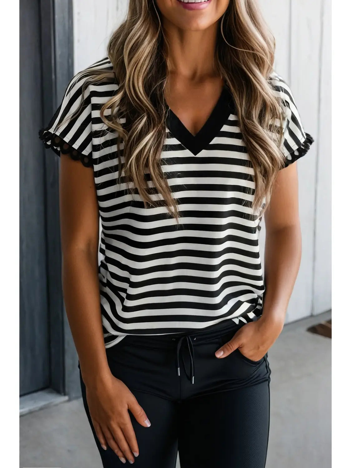Black Striped V Neck Tee