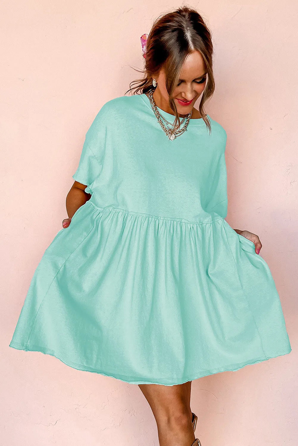 Pocketed Raw Edge Babydoll Dress