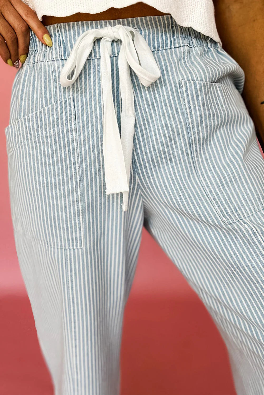 Sky Blue Stripe Mid-Rise Drawstring Jeans