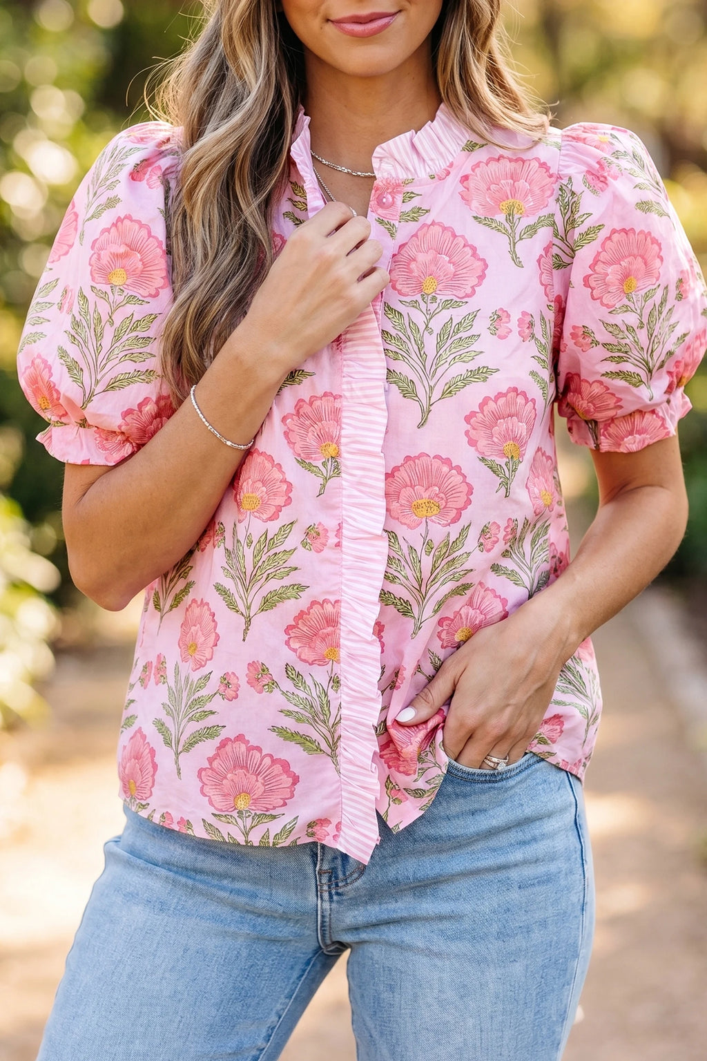 Sweet Blooms Puff Sleeve Shirt - Pink