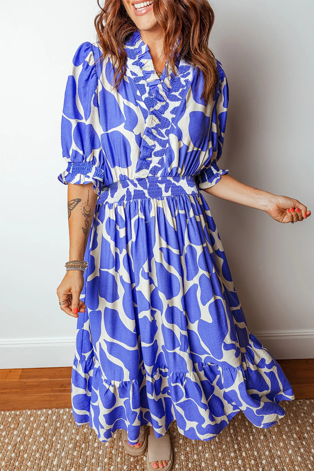 Sky Blue Smocked Waist Puff Half Sleeve Maxi