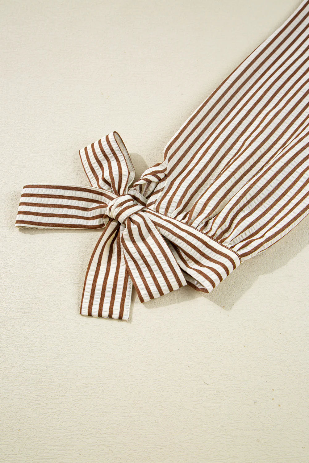 Coffee Striped Tie Cuff Split Neck Blouse