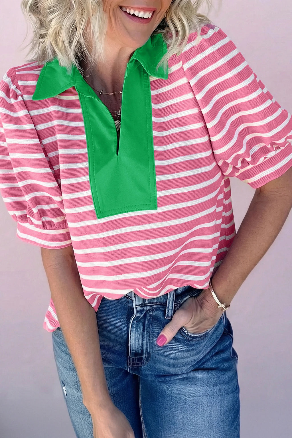 Short Puff Sleeve Blouse - Pink