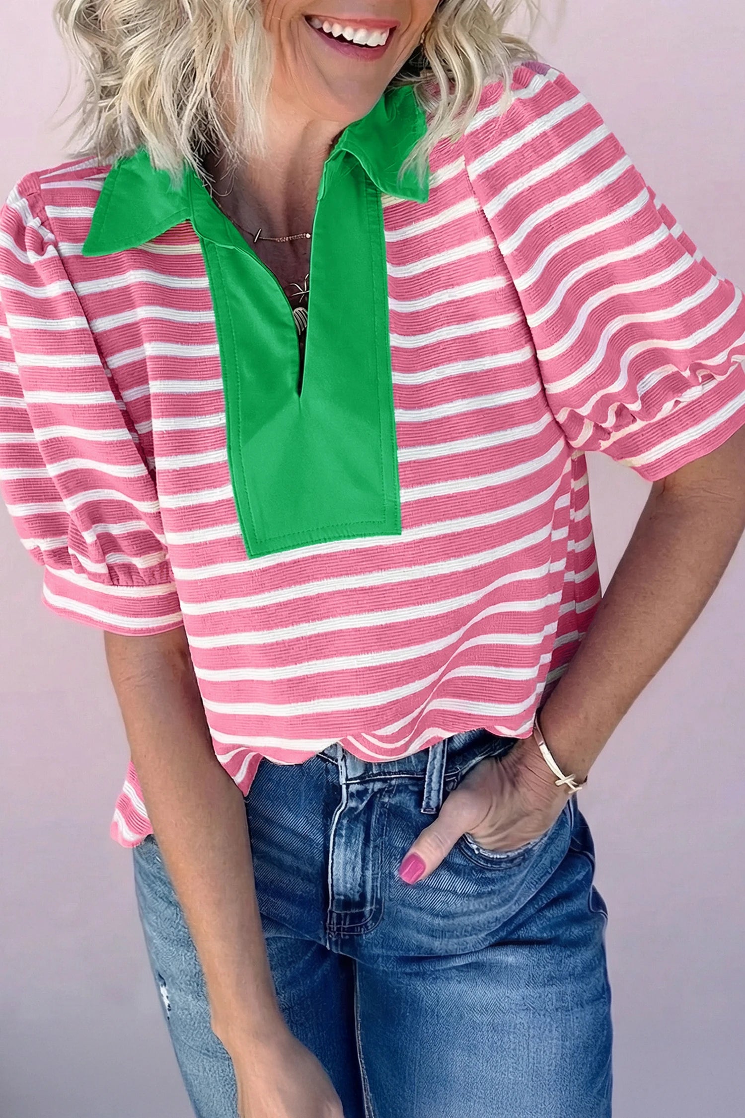 Short Puff Sleeve Blouse - Pink