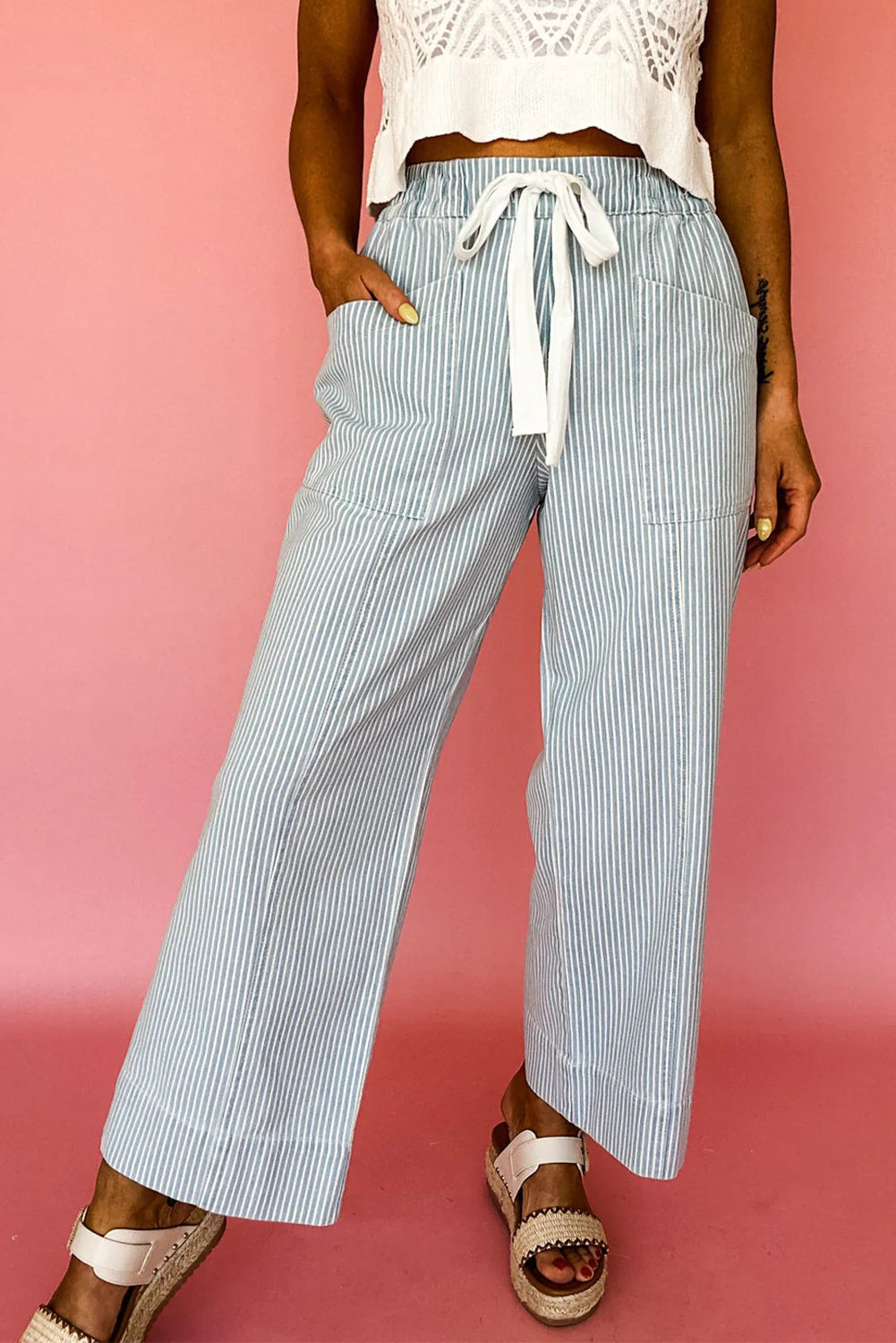 Sky Blue Stripe Mid-Rise Drawstring Jeans