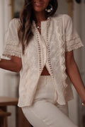 Floral Short Sleeve Button-Up Blouse Beige