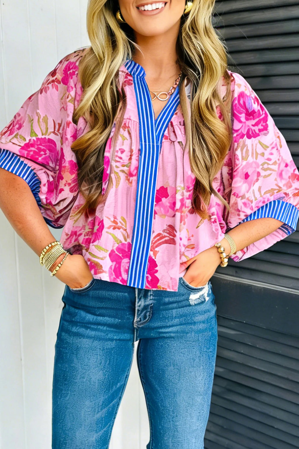 Floral Half Sleeve Striped V Neck