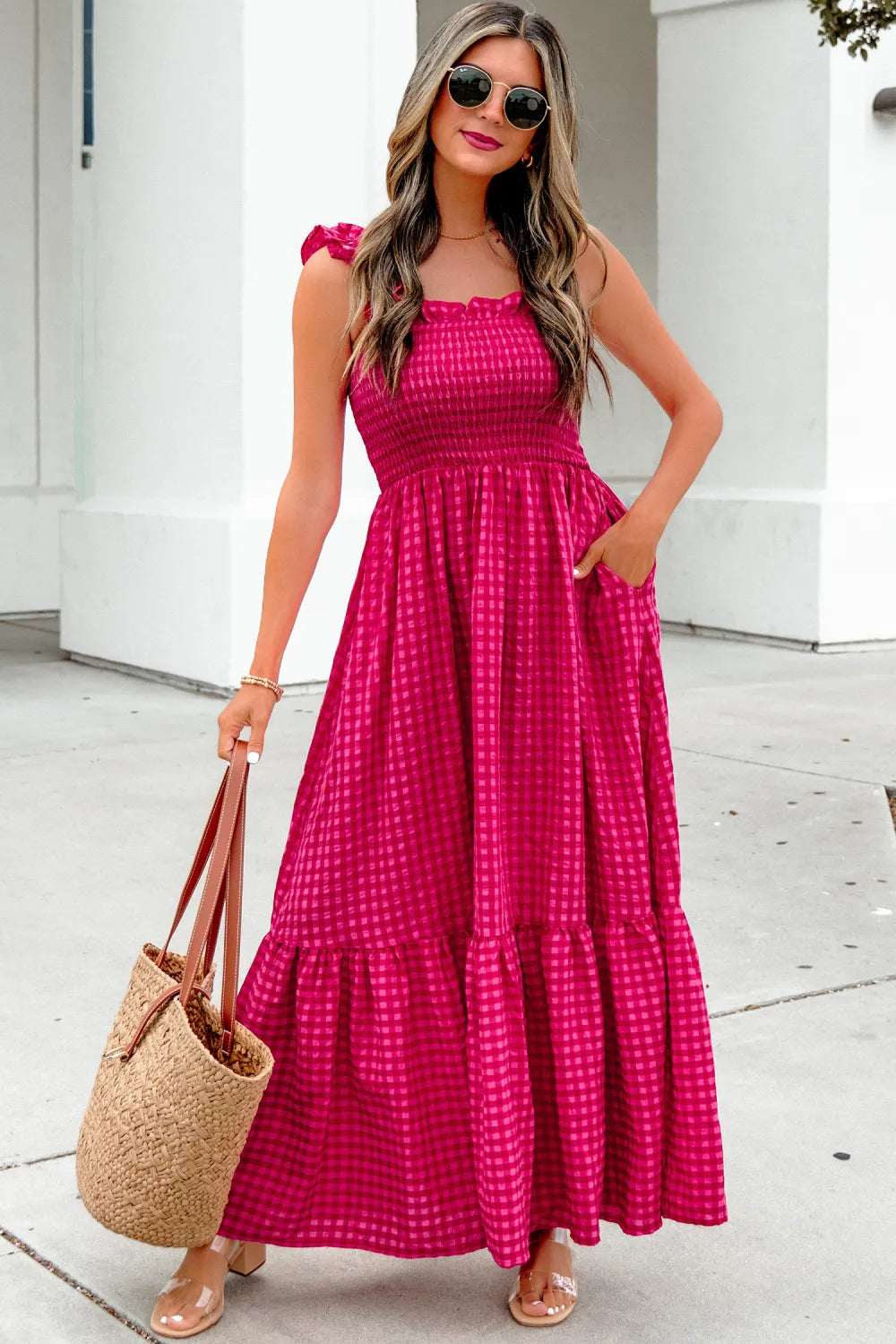 Red Plaid Square Neck Fit-and-Flared Sundress