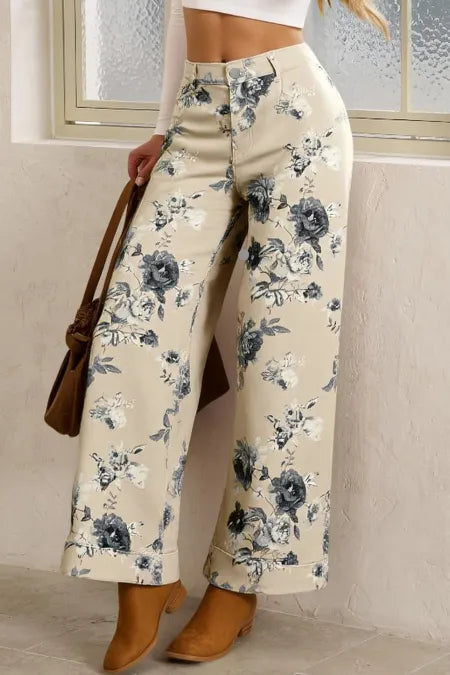Beige Retro Floral Print Loose Jeans