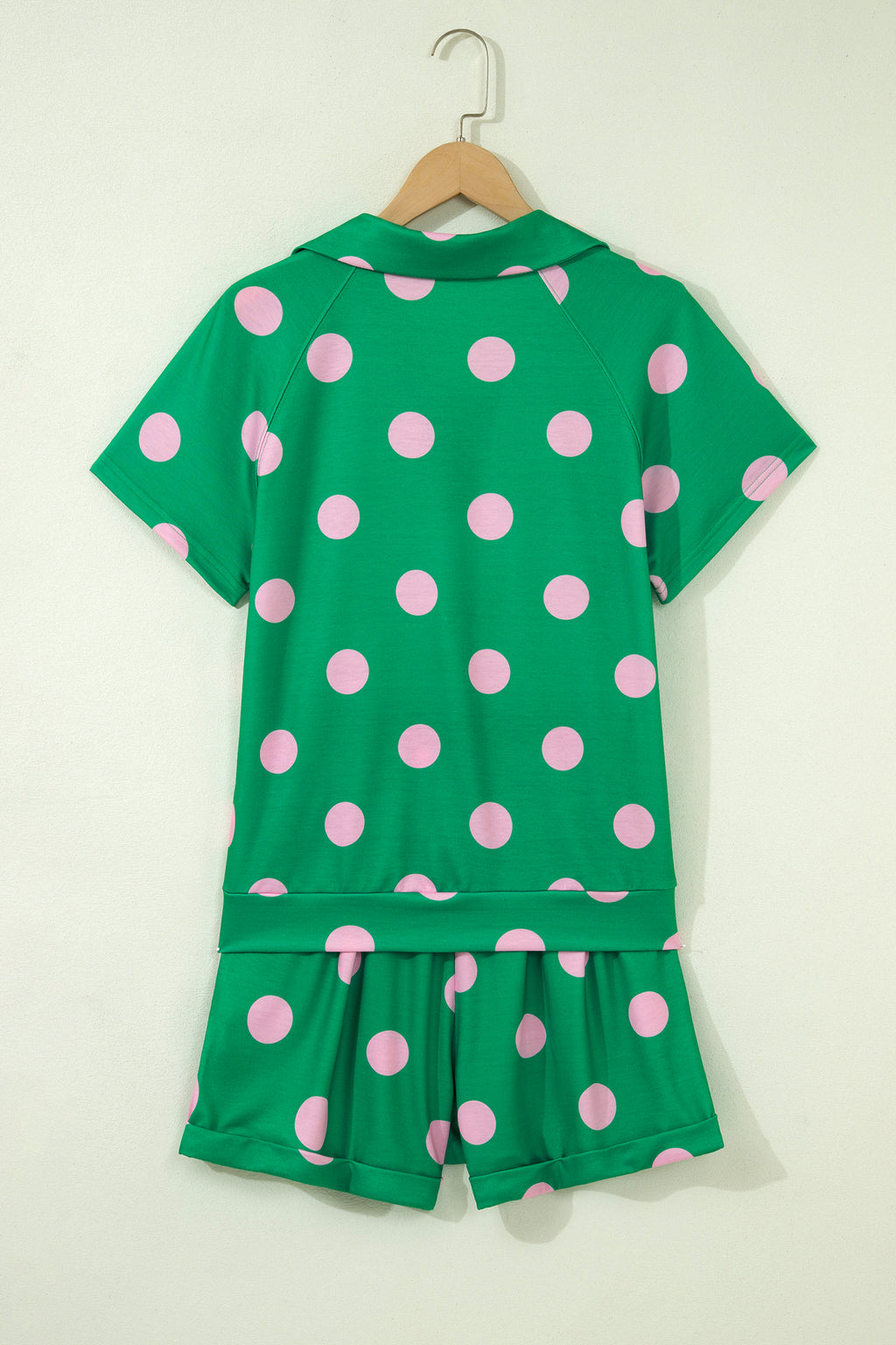 Polka Dot Print V-Neck Tee Short Set - Green