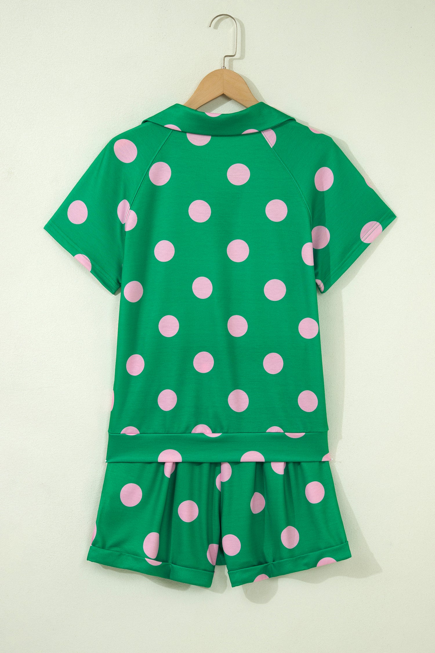 Polka Dot Print V-Neck Tee Short Set - Green