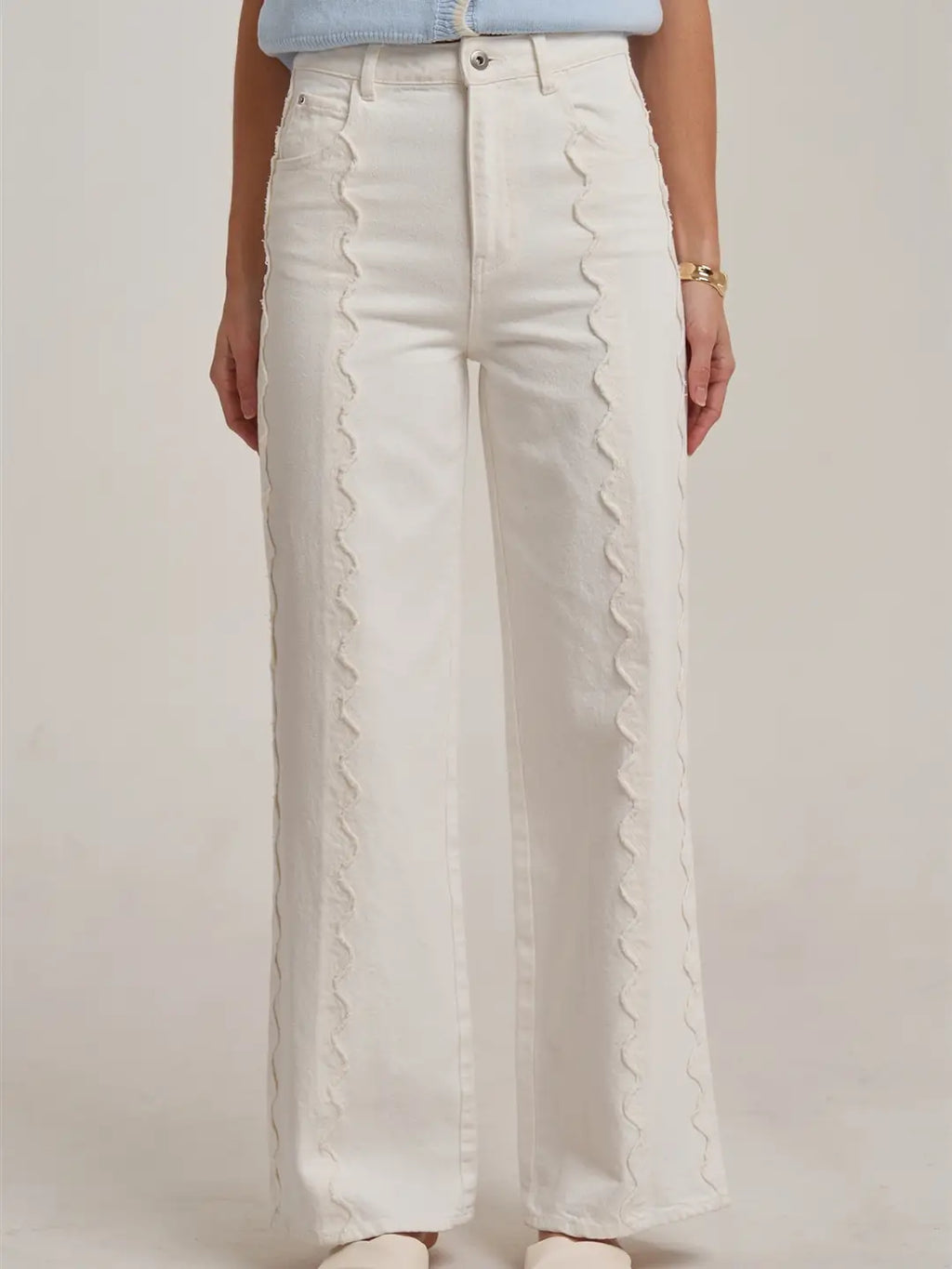 Mid Rise Wide Leg Pants with Scalloped Front Seam Detail