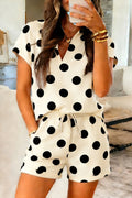 Polka Dot Print V-Neck Tee Short Set - Beige