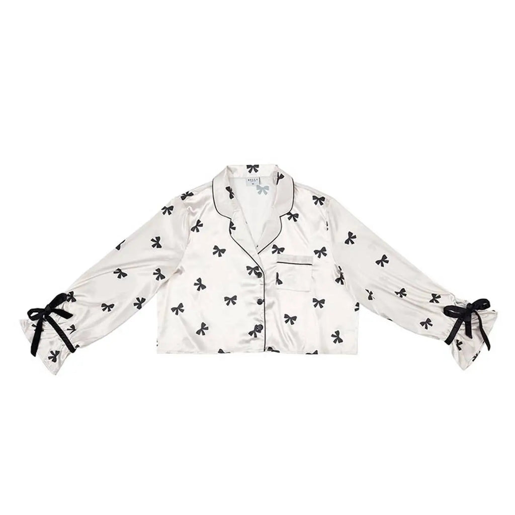 Velvet 2pc PJ Set - Ivory/Black Bows