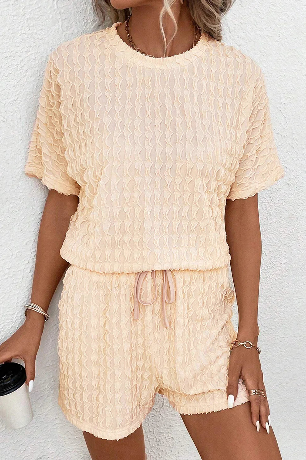 Beige Textured S/S Top and Drawstring Short
