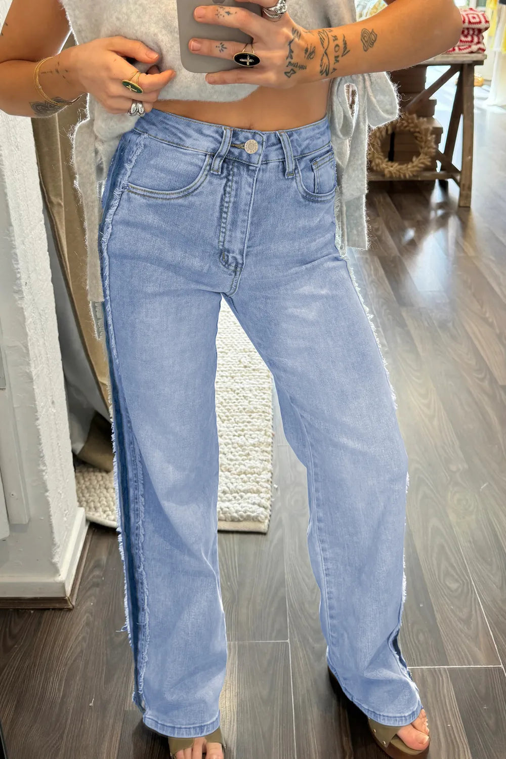 Beau Blue Frayed Side Panel Patchwork Jeans
